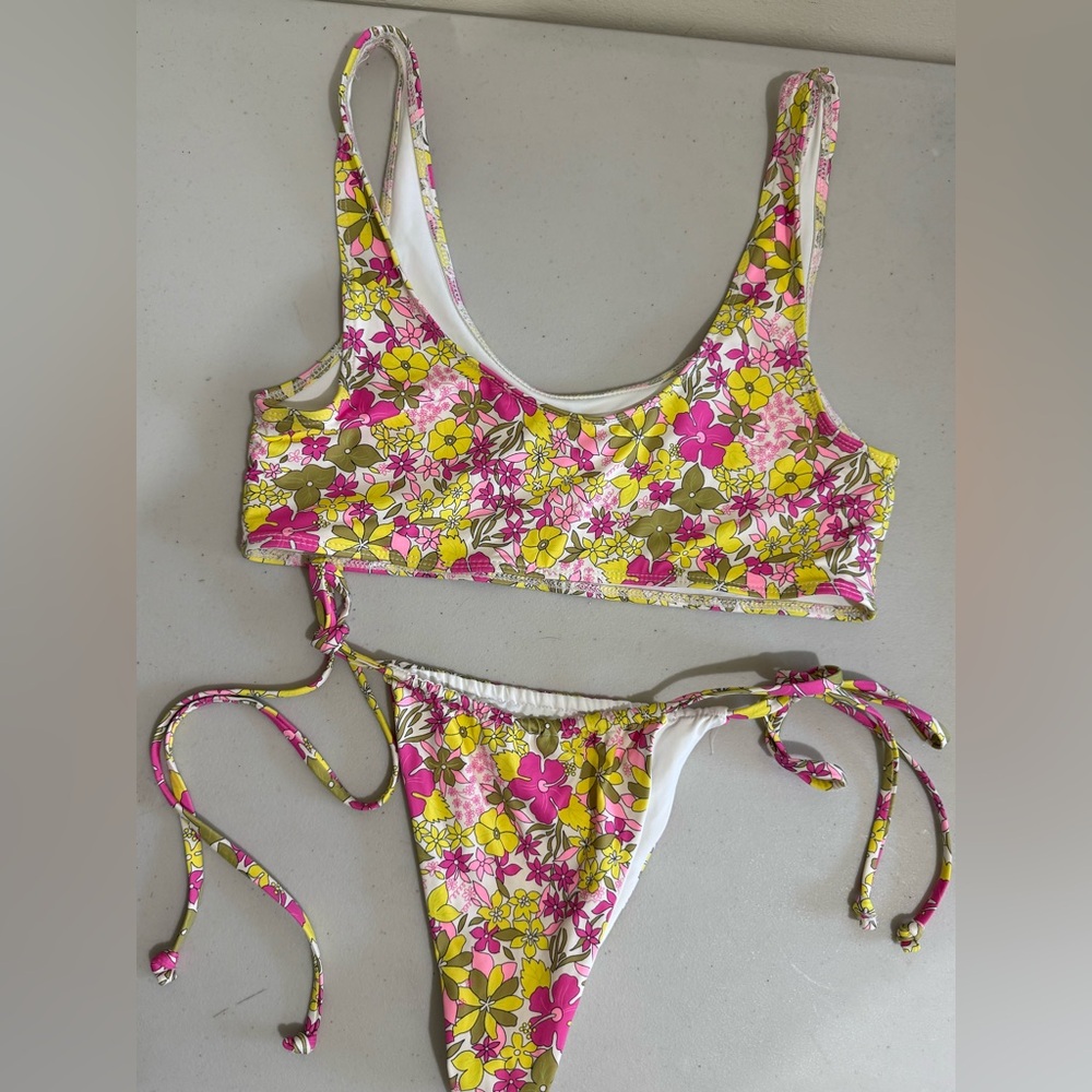 Frankie's Bikinis Yellow Pink Floral Tie-Side Bikini